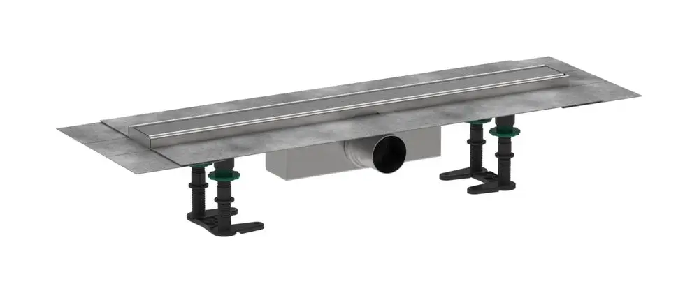 Duschrinne von Hansgrohe mit Edelstahl-Oberfläche, montiert auf einem Trägersystem, ausgestattet mit Stabilisierungselementen. Geeignet für Standardinstallation.